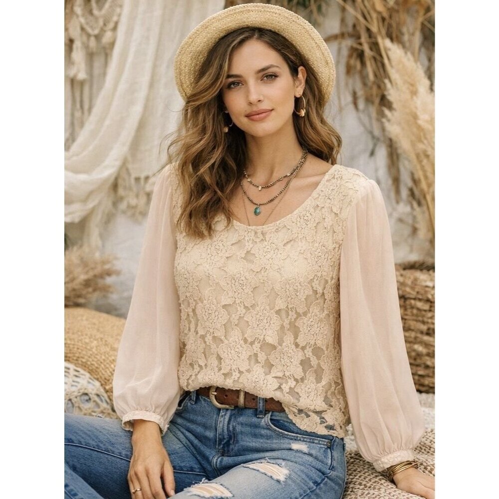 Cottagecore Top Women L Beige Lace Long Sheer Sleeve Victorian Fairy Boho Hippie